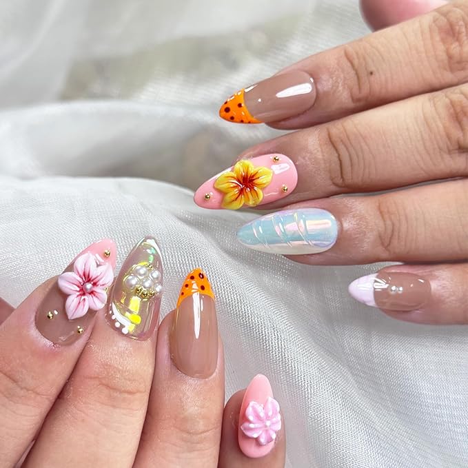 Handmade Press On Nails - Luxury Medium Almond Acrylic Nails with 3D flowers & Rhinestone Reusable Fake Nails, Elegant French Tip Contrast Color Design Nail Art for Women(10PCS)
