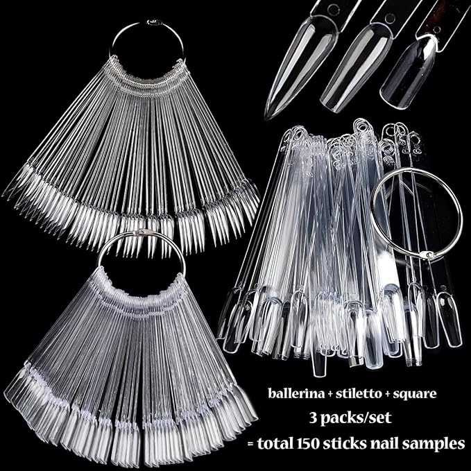 Nail Color Swatch Sticks with Ring, 150pcs Ballerina Square Stiletto Clear Nail Tips, Nail Polish Display Sample Sticks, Practice Nail Tips, Nail Salon Supplies