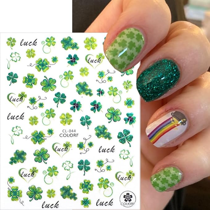 8Sheets St Patricks Day Nail Art Stickers 3D Holographic Shamrock Nails Stickers Self-Adhesive Deisgn Nail Decals Green Lucky Clover of Irish Nail Decorations for Women St. Patrick's Day Manicure Tips