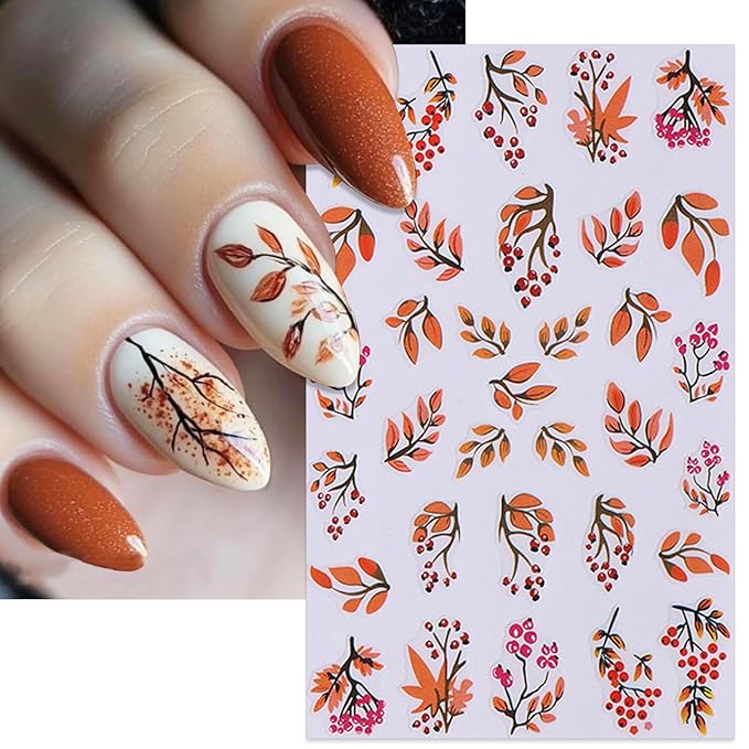 8 Sheets Fall Leaves Nail Stickers - Autumn Orange & Black Flowers Self-Adhesive 3D Nail Decals for Women Girls DIY Thanksgiving Day Floral Manicure