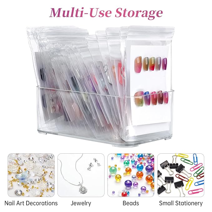 Press On Nail Storage Set,30 PVC Ziplock Bags, 30 Nail Art Cards, a Roll of Transparent Double-Sided Tape and an Acrylic Storage Box