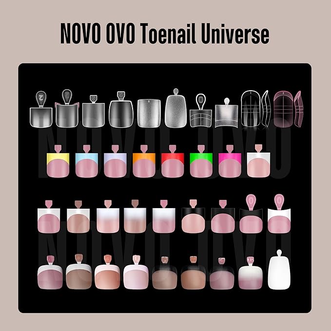 NOVO OVO Toe Nail French Tip Press on Combo, Mixed 9 Color Soft Gel Acrylic Fake toenail Extension kit, Medium Pre-applied Tip Primer & Base Coat, Full Cover Matte False Nils DIY x 15 Sizes 270 Pcs
