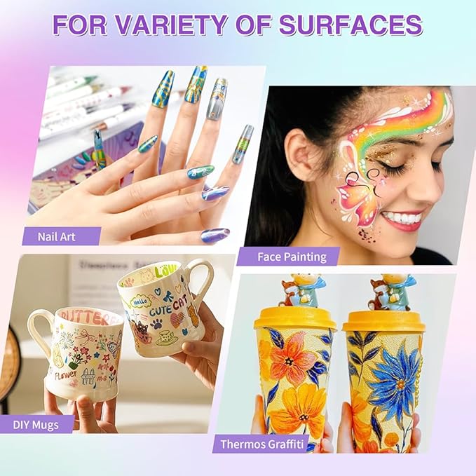 10 Colors Metallic Nail Art Pens Set, Professional Dual Tip with Soft Brush & Fine Point, Quick Dry Water-Based Markers for DIY Nail Salon and Beginners