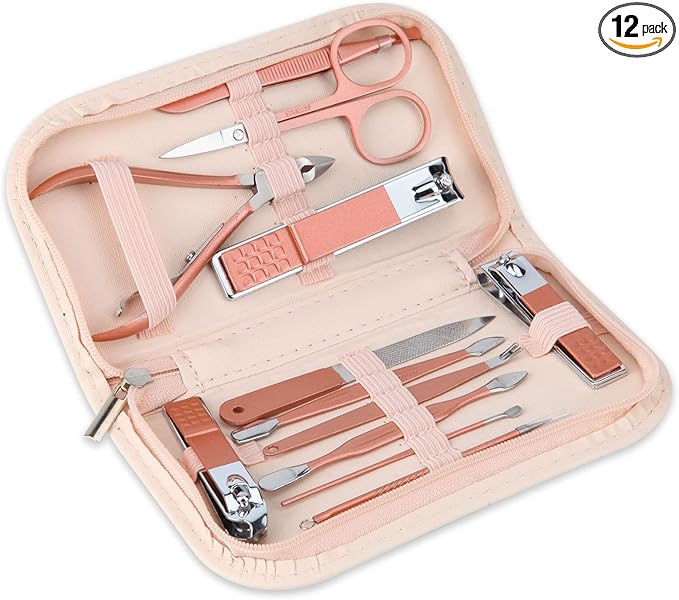 Nail Clippers and Beauty Tool Portable Set Manicure Set 12 in 1, with Pink Leather Bag, Suitable for Home, Workplace, Outdoor Travel, Gift Giving, Salon
