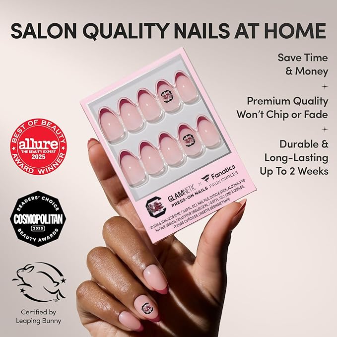 Glamnetic x Fanatics Press On Nails - South Carolina Gamecocks | Short Almond Fake Nails, Collegiate Garnet Red French Tips, College Nails, Salon-Quality | 15 Sizes - 30 Nail Kit with Glue