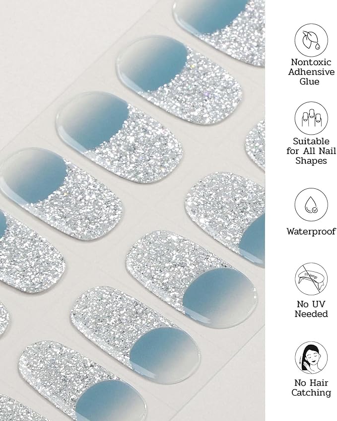 Nail Polish Strips (No UV Lamp Needed) - 22 Pcs Salon Quality Gel Nail Stickers - Long Lasting Wraps (Falling of Tide Blue)