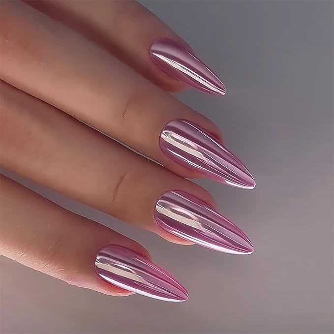 Chrome Press On Nails Almond, Metallic Baby Pink Mirrored Glue on Nails Medium Press Ons, Acrylic Natural Fit Stick on Nails in 12 Sizes - 24Pcs Fake Nail Kit for Women Daily & Party Wear