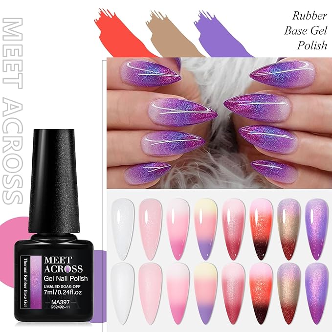 MEET ACROSS Color Changing Rubber Base Gel Nail Polish Set Pink Purple Red Builder Base Gel in a Bottle Hard Extension Gel Shimmer White Pink Cured for Nails at Home Salon DIY Beginner 12PCS