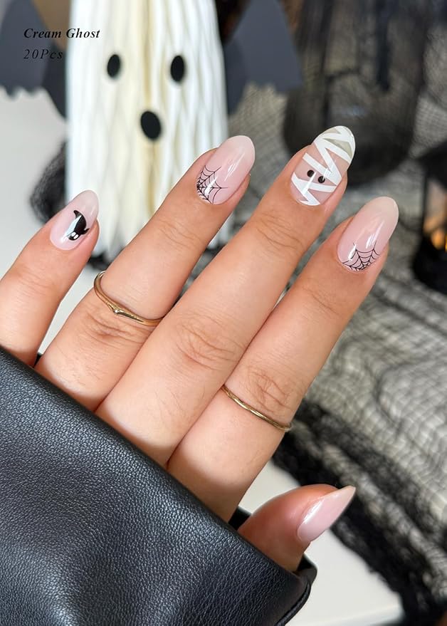 Semi Cured Gel Nail Strips (Cream Ghost), Halloween, 20 Pcs Gel Nail Wraps, Stickers, Salon Quality, Long Lasting, Works With Any UV Lamps