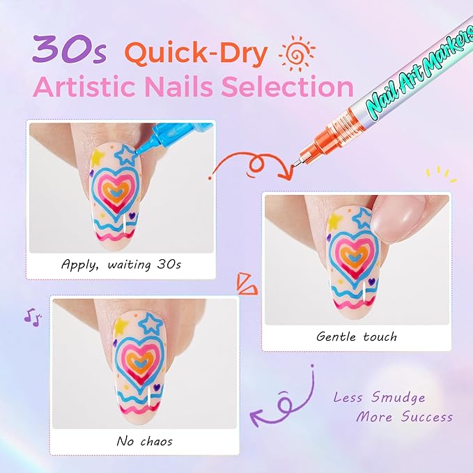 Nail Art Markers for Kids: 0.5MM Fine Tip Vibrant Nail Polish Pens Non Toxic Set for Painting Decorate Nails Graffiti Pens DIY Salon Design & Quick Dry Hours of Fun Girls Safe Manicure Gift