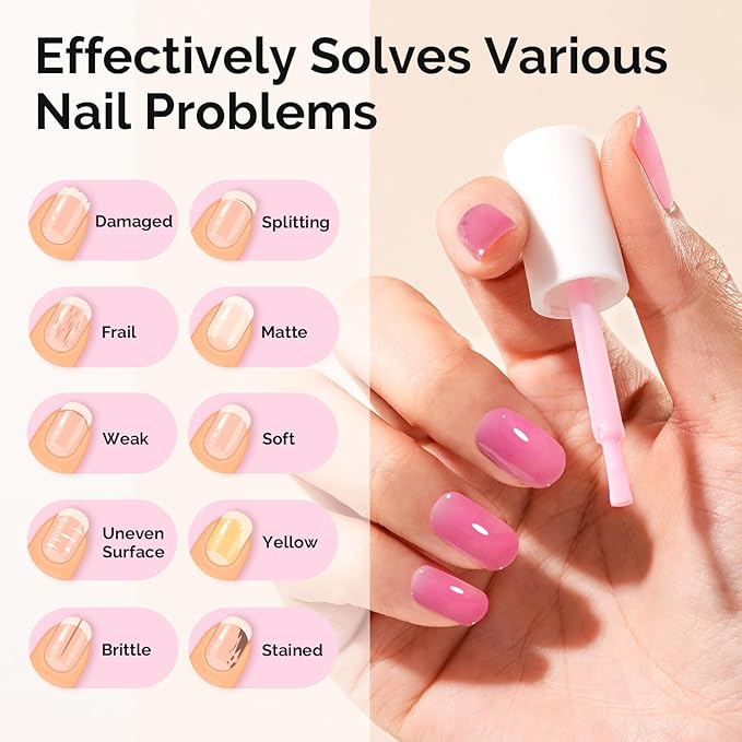 MelodySusie Nail Strengthener and Growth Treatment, 2-in-1 Ridge Filling Base Coat & Glossy Concealer Polish for Damaged Nail Repair and Healthy Shine,Gifts for Women 15ml 0.5 Fl Oz Fuchsia