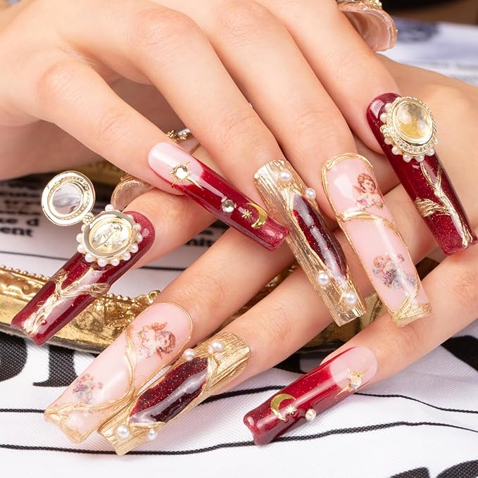 LOVFUL Press on Nails Verona Handmade Curve | Handmade with Full Covered Crystals | Reusable Fake Nails | Square Mid length 1.7in | H186-M