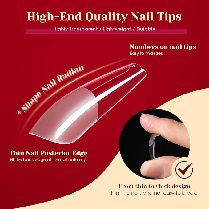 264PCS Half Matte Long Coffin Soft Fake Nail Tips, ROSALIND 12 Size Soft Full Cover False Tips Half Matte Long Coffin Gel Nail Tips for Nail Extension Acrylic (One-Sided No File)