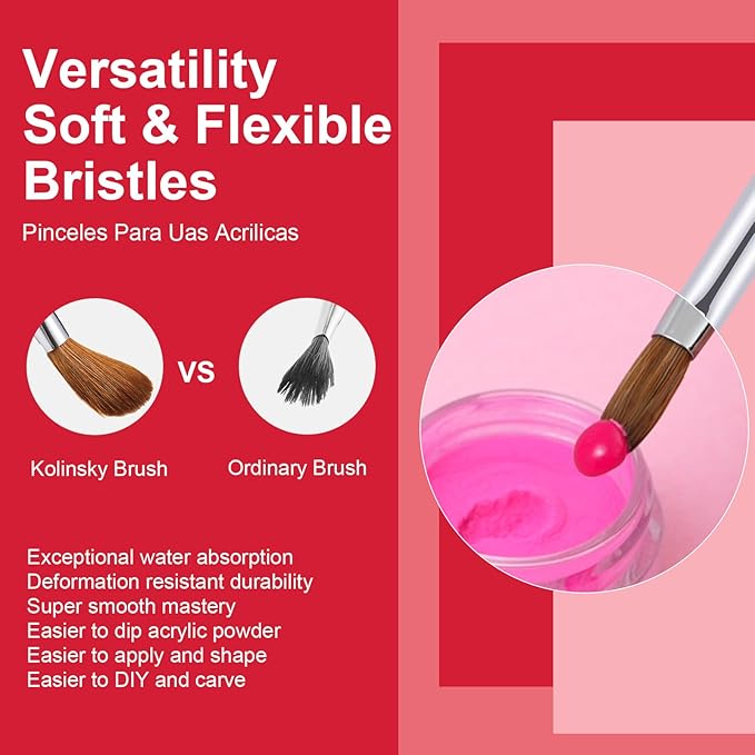6PCS Acrylic Nail Brush Set, Kolinsky Hair, Oval Crimped Pressed Shaped, Red Metal Handle, Professional Manicure for DIY Home Salon - Sizes 4/8/10/12/14/16