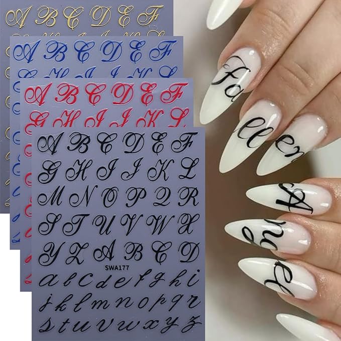 Retro Letters Nail Art Stickers Decals 8 Sheets Old English Letter Nail Stickers 3D Self-Adhesive Black Gold Red Blue Personalized Alphabet Nails Design Sticker para Uñas for Women DIY Manicure Tips