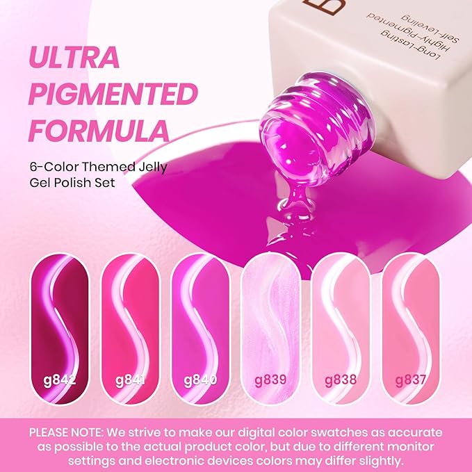 Beetles Rose Whispers Jelly Pink Gel Nail Polish Set - 6 Colors Valentines Gel Polish Kit Jelly Pink Sheer Translucent Effect Soak Off UV Salon DIY Manicure Spring Gift for Women
