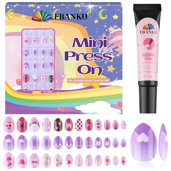 EBANKU 72Pcs Press on Nail Kids, 3 Pack Purple Heart Kid Flase Nails Kit with Nail Glue Set Fake Nail for Girls Nail DIY Salon Home Decor