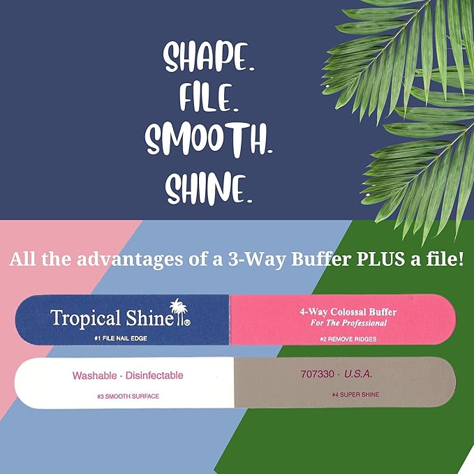 Tropical Shine Colossal 4-Way Blue-Pink Buffer - Professional Nail File & Buffer for Shaping, Smoothing, and Polishing Nails - Compact and Portable Nail Care Accessory (707330)