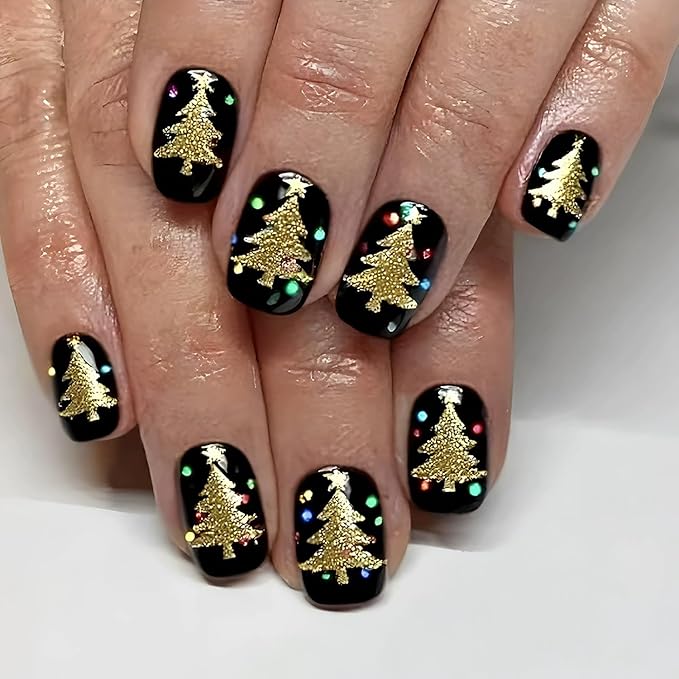 Christmas Press on Nails Short Square Fake Nails with Gold Glitter Christmas Trees Designs Black Xmas False Nail Winter Stick on Nail for Women 24 Pcs
