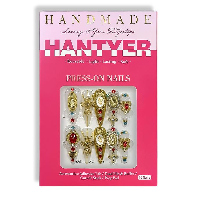 White Press on Nails with 3D Carving Flowers, Gold Madonna & Cross Charms, Long Stiletto Glossy Iced Baroque Fake Nails, Reusable Religious Vintage False Nails for Women Wedding Opera (Size L)