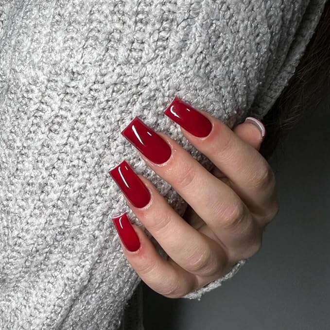 KQueenest Red Press on Nails Long Medium Square, Wine Red Fake Nails Medium Coffin, Glossy Opaque Color Acrylic Nails Press ons, Reusable Soft Gel Glue on Nails for Women Finger Decoration