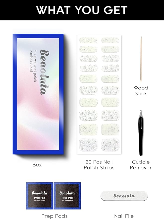 Semi Cured Gel Nail Strips - UV Light Gel Nail Stickers - 20 Long Lasting Salon Quality Wraps (Oyster White)