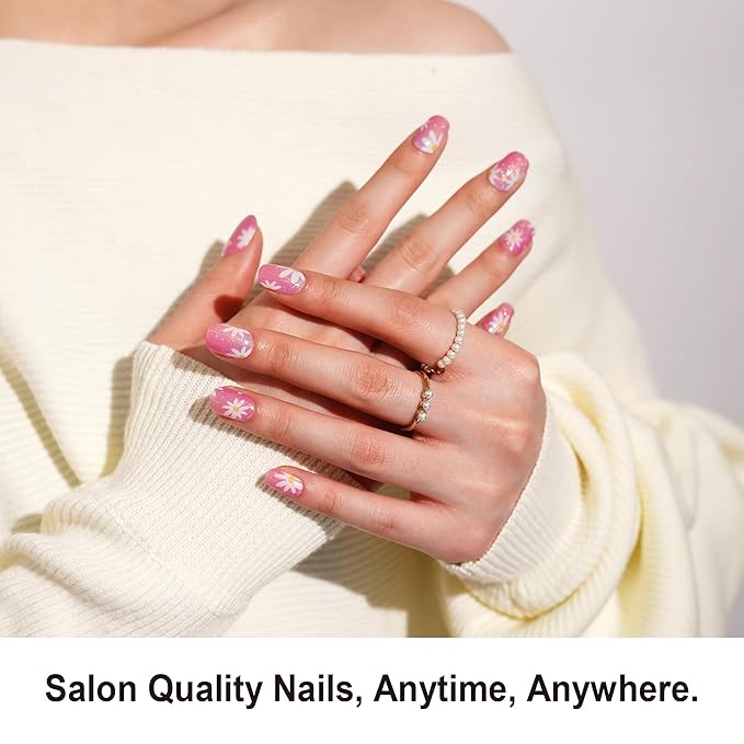 DANNI & TONI Semi Cured Gel Nail Strips Daisy Pink Holographic Gradient Gel Nail Wraps 28 Stickers | Aurora Bloom