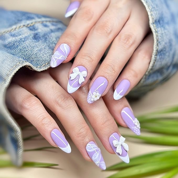 Handmade Press On Nails Medium Almond Pastel Purple with White French Tip, Flower Accents 3D Bow & More. Reusable Soft Gel Nails in 12 Sizes -24 Nail Kit with Glue| Designed in L.A| Lilac Lace
