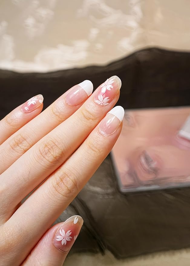 Semi Cured Gel Nail Strips, 20Pcs Long Lasting Salon Quality Wraps, Easy Apply & Remove Gel Nail Stickers with UV Light (Blush French Petals White)