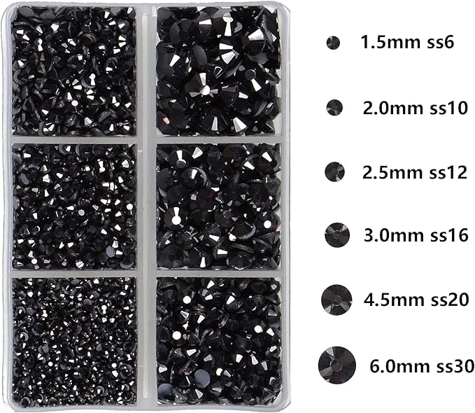4000Pcs Mixed Size Hot Fix Round Crystals Gems Glass Stones Hotfix Flat Back Rhinestones (Hematite Black)