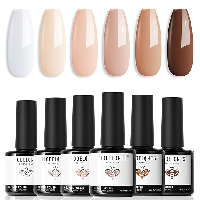 modelones Gel Nail Polish Set- 6 Colors White Nude Brown Gel Polish Skin Tone Neutral Beige Tan Taupe Nail Polish Kit Popular ALL Seasons Soak Off Soapnails Nail Art Manicure DIY Salon Gift for Women