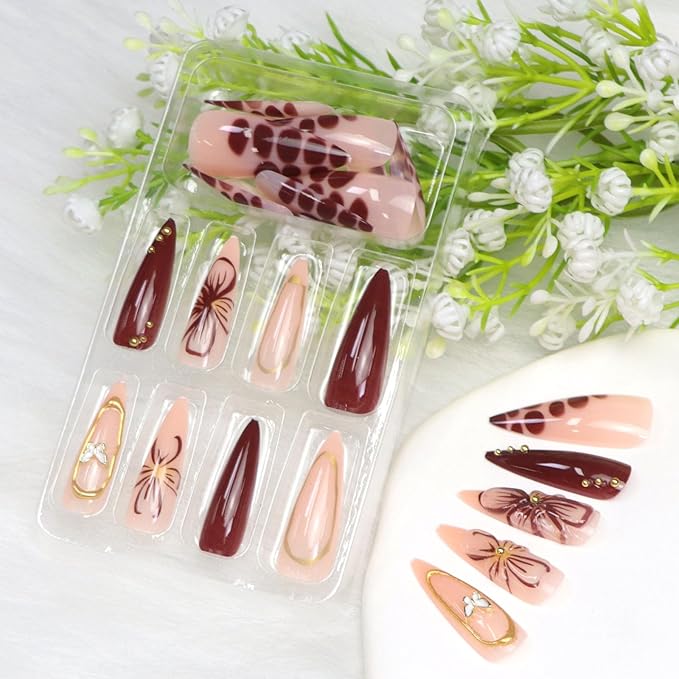 Long Press on Nails Stiletto Fake Nails with Flower Golden Beads Lines Butterfly Charm Designs Brown Nude Full Cover Glue on Nails Press ons Acrylic Glossy Stick on Nail for Women 24 Pcs