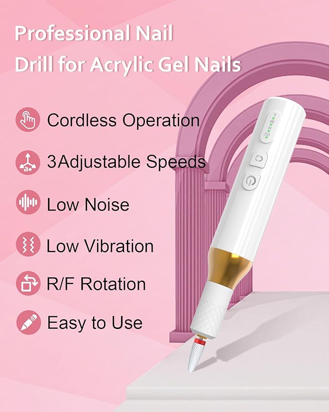 Nail Drill,Cordless Electric Files for Gel Nails E-File Manicure Kit Women Rechargeable Drill para Uñas Profesional Machine Grinder Acrylic White (M918)