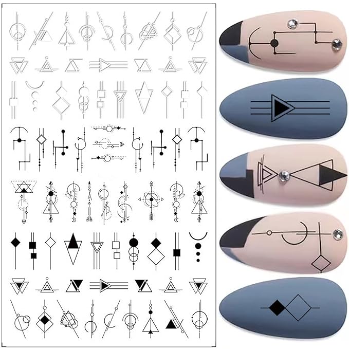 10 Sheets Black White Geometric Nail Art Stickers Decals 3D Self-Adhesive DIY Geometry Triangular Rhombus Minimalist Design Acrylic Nails Supplies Manicure Decorations Tip for Women Men