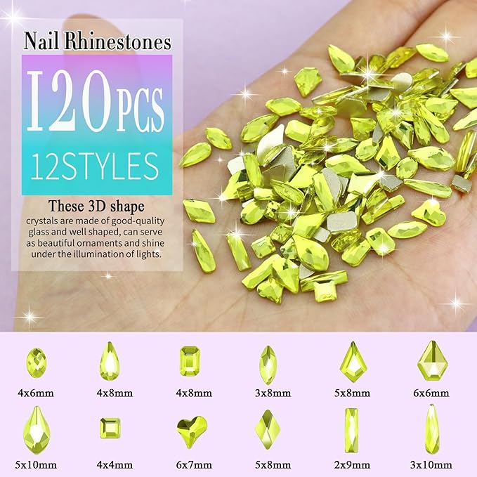 Dowarm 3200PCS Nail Art Rhinestones, Citrine/Yellow Flatback Rhinestones for Nails, Crafts, 12 Styles 3D Glass Crystal Nail Gems, Glitter Diamond
