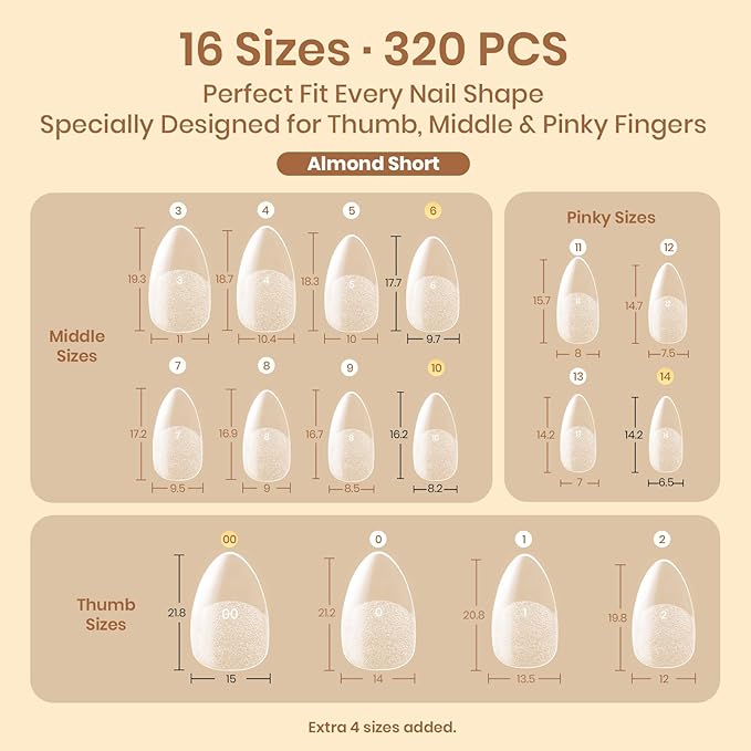 Beetles Flat-X Gel Nail Tips - Short Almond Press-On Nails 16 Sizes 320 pcs | Pre-Etched Half-Matte Full-Cover Soft Gel Tips Fake Nail for Flat & Natural Nail Beds - Easy DIY Salon