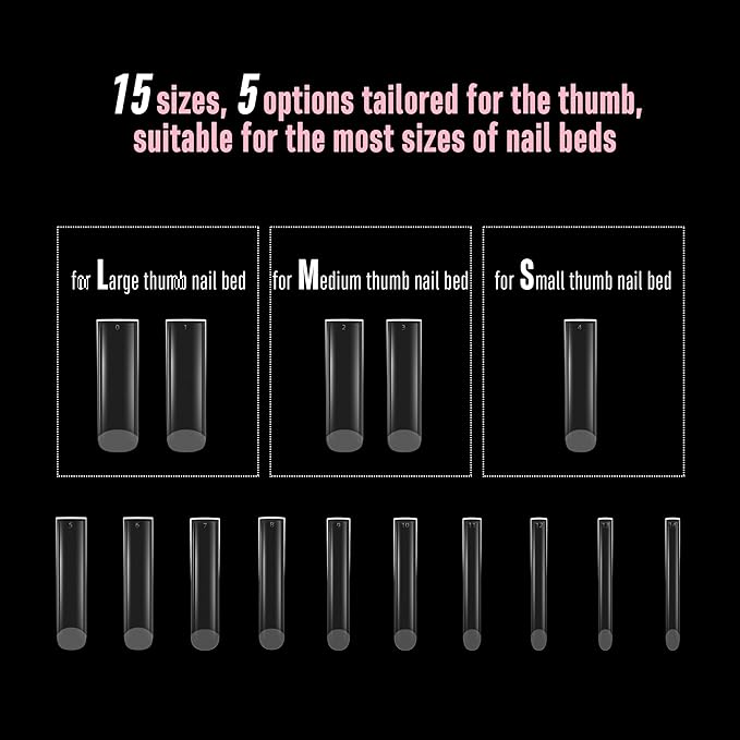 NOVO OVO Halloween XXL Shape Square Slight Curved Nail Tips No C Curve, Extra Thick Natural Curve Clear False Nails Press on, Full Cover Soft Gel Extension Fake Nail Acrylic for DIY x 15 Size 240pcs