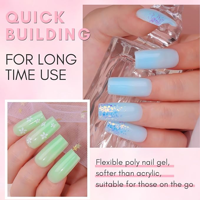 Makartt Hema-Free Poly Nail Gel Set: Blue & Green Gel Builder for Extension Winter Colors Nail Strengthener 3D Diy Hard Gel for Nails Manicures Home Salon-2PCs 30ML