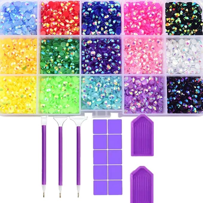 Transparent 17500PCS Flatback Rhinestones 15 Mixed Color Flat Back Gems Round Shape Crystals Rhinestones for Crafts Nail Face Art Shoes Diamond Painting (3mm?17500PCS+Tool)