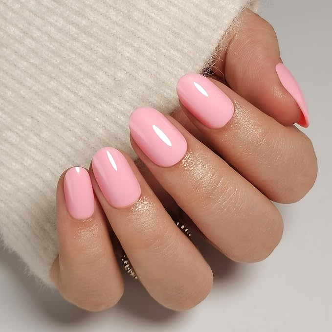 Press On Nails - Petal Pink I Solid Opaque Light Pastel Pink Short Oval Nails, Salon Quality, 32 Nails, 16 Sizes Kit with Glue and Adhesive Tabs - Female Founded