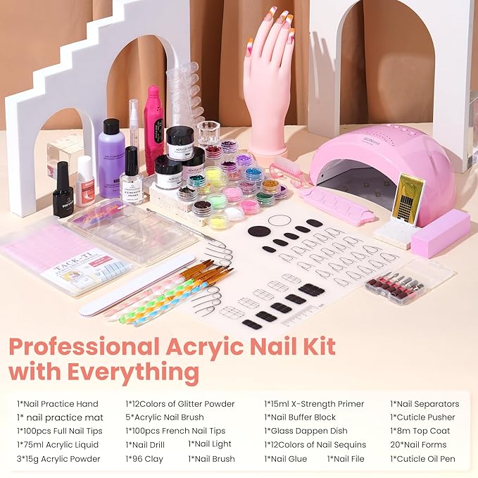 Nail Kit for Beginners with Everything: Practice Nail Hand Acrylic Set U V Lamp Professional Powder Liquid Starter Kits with Drill for Salon Home(Pink Lamp)