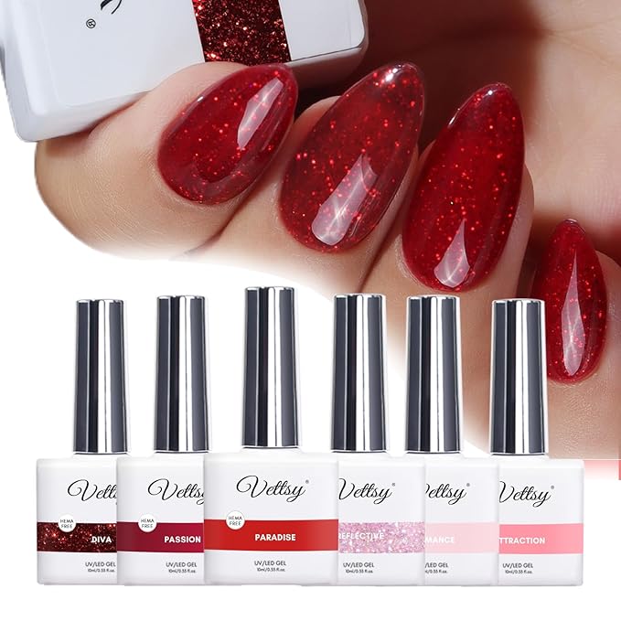 vettsy HEMA-Free Valentine Gel Nail Polish Kit - 6 Romantic Red & Pink Long-Lasting Soak-Off UV/LED Gel Polishes - Vegan, Cruelty-Free & Allergy-Friendly for Festive Manicures