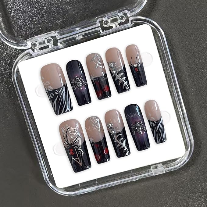 Halloween Handmade Press on Nails Long Square False Nails 3D Spider Designs Full Cover Thick Black French Tip Acrylic Fake Nail Halloween Silver Spider Web Stick on Nail for Women（Size M)