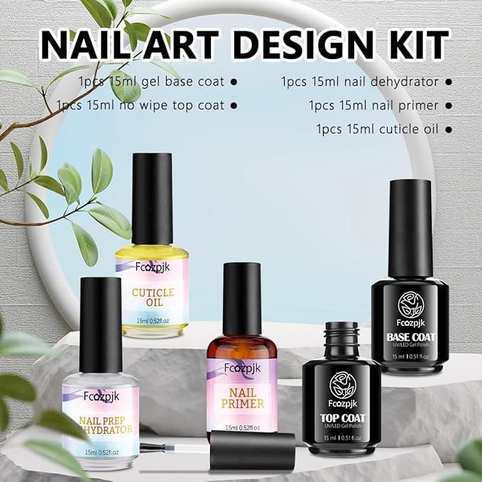 Fcozjpk Nail Dehydrator and Primer with Gel Base & Top Coat Set Cuticle Oil, 5PCS Nail Prep Kit for Acrylic and Gels Nail Polish No Wipe Gel Top Coat Manicure Bonder Liquid Nails Tech Must-have Set