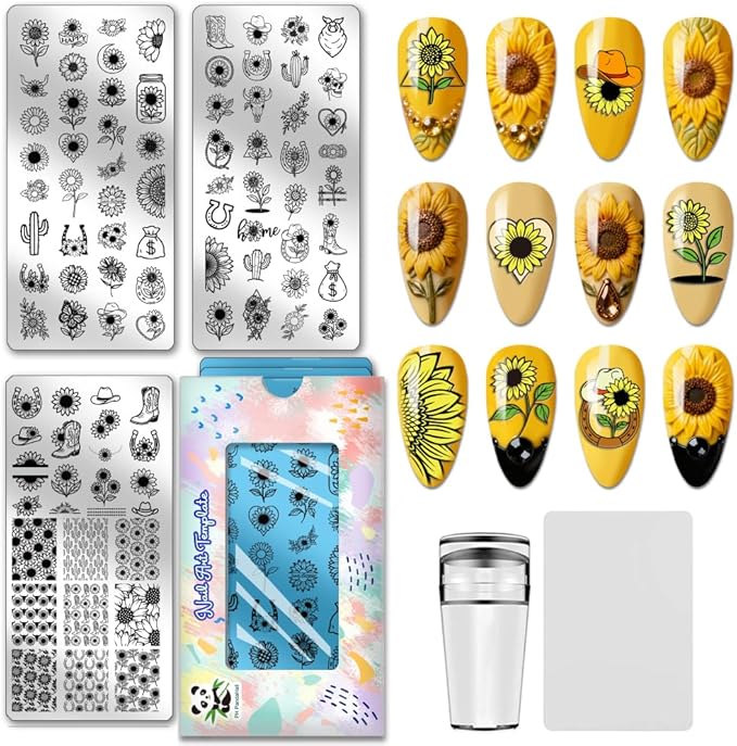 PH PandaHall 3pcs Sunflower Nail Stamping Plate Cowboy Boots Hat Nail Stamper Cactus Nails Arts Stencils Western Nails Art Design Stainless Steel Manicure Image Plates for Women DIY Manicure Salon