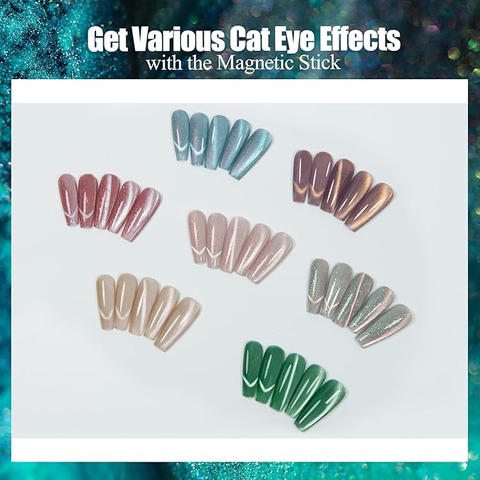 Adhere 7Pcs 12ML Cat Eye Soak Off UV LED Gel Nail Polish, Reflective Glitter Cat Eye, Sparkling Diamond Magnetic Flash Color with Magnet