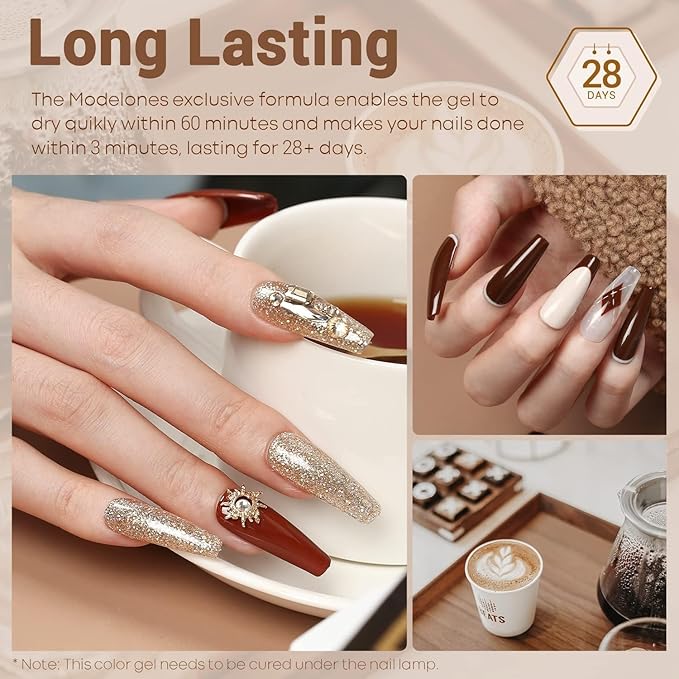 modelones Gel Nail Polish Set, 12 Colors Winter Neutral Nude Brown Gold Glitter Gel Polish Tawny Cinnamon Burdundy Maroon Classic Collection for All Skin Tones LED Nail Art Salon DIY Gift