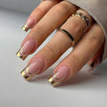24Pcs Gold French Tip Press on Nails Medium Square Fake Nails with Gilding Line Design Nude Pink Full Cover Artificial Glue on Nails Glossy False Nails Reusable Exquisite Stick on Nail for Women DIY