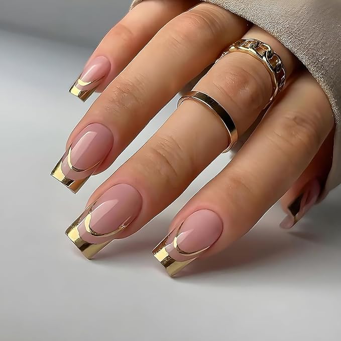 24Pcs Gold French Tip Press on Nails Medium Square Fake Nails with Gilding Line Design Nude Pink Full Cover Artificial Glue on Nails Glossy False Nails Reusable Exquisite Stick on Nail for Women DIY