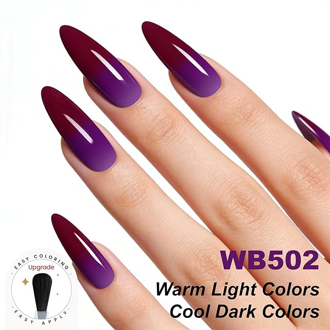 YTD Likomey Color Changing Gel Nail Polish,15ml Purple To Dark Wine Red Mood Temperature Change Colors Fall Winter Thermal Ombre Salon Quality Manicure UV Nail Varnish,HEMA Free TPO Free,WB502